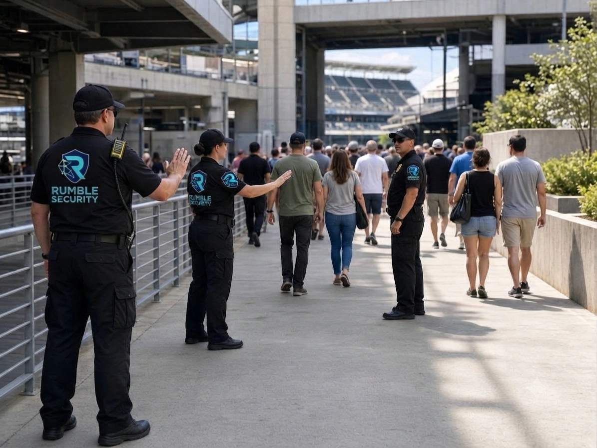 Crowd management officers positioned near a stage barrier at a concert
