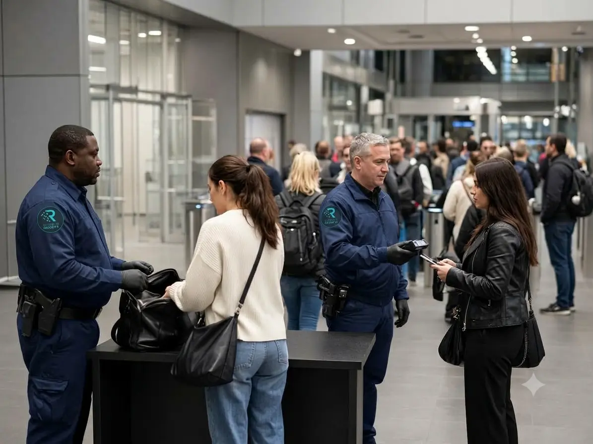 Security officers screening guests and checking credentials at an event entrance