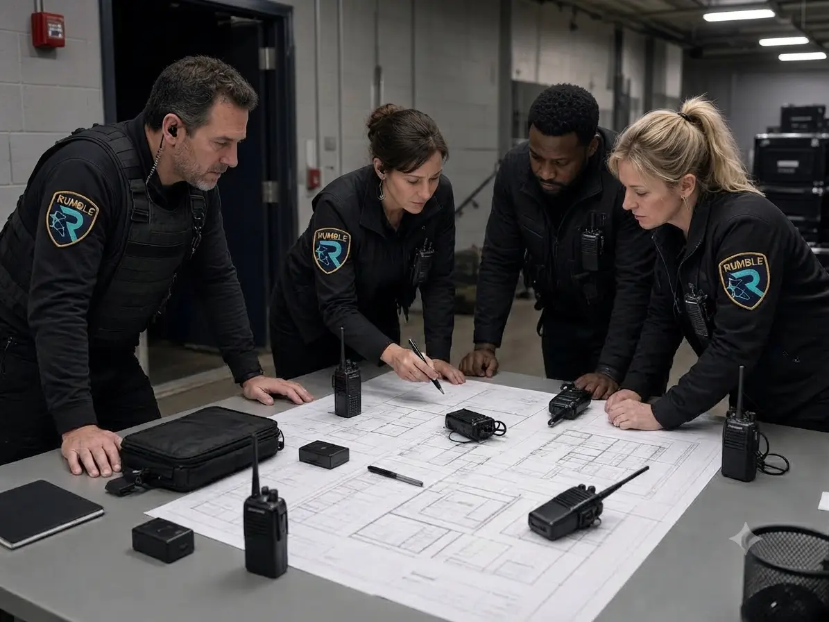 Event security command post with radios and venue camera feeds